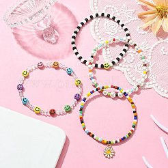 4 Stück 4-teiliges Stretch-Armband-Set aus Naturperlen und lächelndem Gesicht aus Acryl und Glassamen&nbsp;BJEW-TA00238