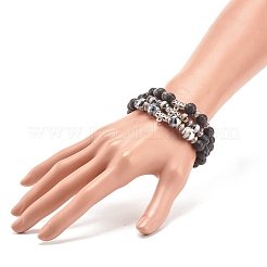 Bracciale elasticizzato in pietra lavica naturale e agata tibetana in stile 3 pz 3 con tubo in lega di perline&nbsp;BJEW-JB08322