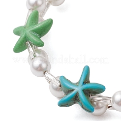Seestern-Kunststoff-Türkis mit runden Muschelkernperlen und Stretch-Armbändern aus Glasperlen für Damen&nbsp;BJEW-JB11682