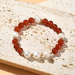 Bracciale elasticizzato da donna con corniola naturale e perline di perle&nbsp;BJEW-JB09384-01