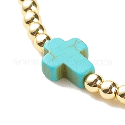 Rundes Stretch-Armband aus synthetischen Hämatitperlen mit synthetischem türkisfarbenem (gefärbtem) Kreuz&nbsp;BJEW-JB07974-01
