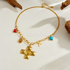 Collana con ciondolo quadrato in resina effetto turchese e croce testurizzata in acciaio inossidabile 304 per donna.&nbsp;LS-NJEW-F380-01G