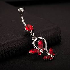 Joyería piercing platino real plateado latón rhinestone doble mariposa ombligo anillos del vientre&nbsp;AJEW-EE0001-41C