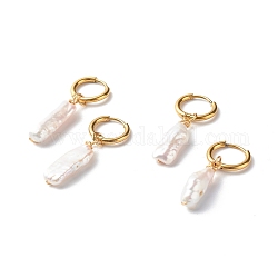 Vacuum Plating 304 Stainless Steel Huggie Hoop Earring, with Natural Baroque Pearl Keshi Pearl Beads, Nuggets, Antique White, 37~41mm, Pin: 1mm