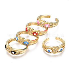 Real 16K Gold Plated Owl with Evil Eye Enamel Cuff Ring for Girl Women, Brass Micro Pave Clear Cubic Zirconia Open Ring, Nickel Free, Mixed Color, US Size 6 3/4(17.1mm)