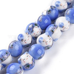 Abalorios de la porcelana hecha a mano impresos, gato de la suerte con estampado de flores, azul real, 15mm, agujero: 2.3 mm, aproximamente 25 pcs / cadena, 13.58'' (34.5 cm)