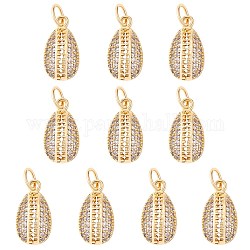 10Pcs Rack Plating Brass Micro Pave Clear Cubic Zirconia Charms, with Jump Rings, Long-Lasting Plated, Cadmium Free & Lead Free, Teardrop, Real 18K Gold Plated, 14x8x3mm, Hole: 3.2mm