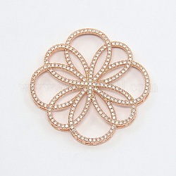 Flower Brass Micro Pave Clear Cubic Zirconia Cabochons, Cadmium Free & Nickel Free & Lead Free, Real Rose Gold Plated, 39x36x3mm