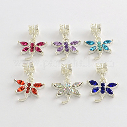 Ciondoli pendenti europei con libellula di strass in lega, colore argento placcato, colore misto, 28mm, Foro: 4.5 mm