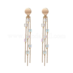 Boucles d'oreilles pendantes en cristal k9 avec cube de verre et perles, Boucles d'oreilles pendantes à pampilles avec chaîne à boules en laiton pour femmes, or, 100mm, pin: 0.6 mm