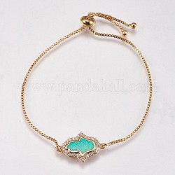 Adjustable Brass Bolo Bracelets, Slider Bracelets, with Synthetic Opal and Cubic Zirconia, Hamsa Hand/Hand of Fatima/Hand of Miriam, Golden, Green, 8-3/8 inch(212mm), 1mm, 13x20.5x1.5mm
