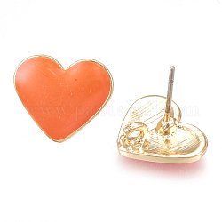 Alloy Enamel Stud Earring Findings, with Loop, Raw(Unplated) Pins, Heart, Light Gold, Orange, 11.5x13.5mm, Hole: 1.8mm, Pin: 0.7mm