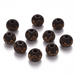 Perle di legno naturale verniciate, motivo inciso al laser, tondo con motivo floreale, marrone noce di cocco, 10x9mm, Foro: 3 mm