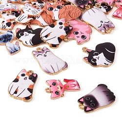 24Pcs 12 Style Printed Alloy Pendants, with Enamel, Cat Charm, Mixed Color, 22~25x15~24x2~3mm, Hole: 1.6~1.8mm, 2pcs/style