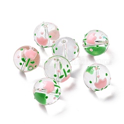 Transparente Glasperlen, mit Emaille, Runde, rosa, Blumenmuster, 14~15x13~13.5 mm, Bohrung: 1.5~1.6 mm