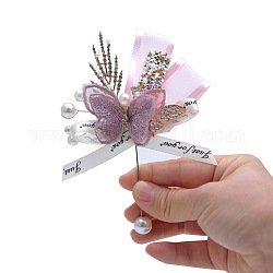 Silk Cloth Imitation Butterfly & Bowknot Corsage Boutonniere, with Plastic Beads and Rhinestone, for Men or Bridegroom, Groomsmen, Wedding, Party Decorations, Pearl Pink, 130x100mm