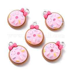 Resin Pendants, with Platinum Iron Peg Bail, Donut and Bowknot, Pearl Pink, 23.5x17.5x7.5mm, Hole: 2mm