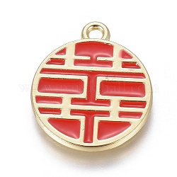 Подвески из сплава эмали с китайским символом, плоский круглый с китайским иероглифом счастья, золотой свет, красные, 20.5x17.5x2 мм, отверстие : 1.6 мм