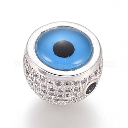 Laiton micro pavé de perles de zircone cubique claires, demi-percés perles, avec de la résine, oeil, platine, 11x10mm, Trou: 2mm