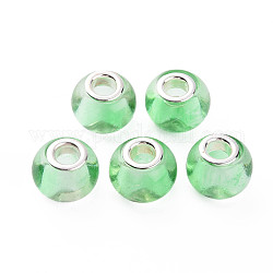 Perline di vetro europeo , perline con foro grande, con doppio nucleo in ottone tono argento, rondelle, verde chiaro, 14.5x11.5mm, Foro: 5 mm