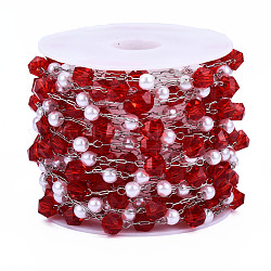 Glas facettierte runde Perlenketten aus ABS-Kunststoff, mit edelstahlfarbig plattierten 316 Edelstahl-Büroklammerketten, gelötet, mit Spule, rot, 5.5x5 mm, ca. 16.40 Fuß (5m)/Rolle