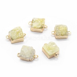 Connecteurs de liens de quartz druzy naturel, avec les accessoires en laiton, carrée, or, verge d'or pale, 14~18x9~10x6~8mm, Trou: 2mm