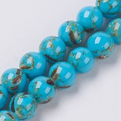 Sea Shell and Synthetic Turquoise Assembled Beads Strands, Round, Deep Sky Blue, 8~9mm, Hole: 1.2mm, about 49~50pcs/strand, 15.3~15.7 inch(39~40cm)