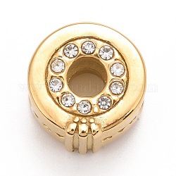 304 Stainless Steel European Beads, with Crystal Rhinestone, Large Hole Beads, Flat Round, Golden, 11.5x11x8mm, Hole: 4.5mm