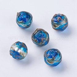 Perles vernissées de feuille en argent manuelles, avec du sable d'or, ronde, dodgerblue, 12mm, Trou: 1mm