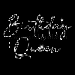 Parola compleanno regina vetro hotfix strass, ferro su applique, accessori costume, per vestiti, borse, pantaloni, argento, 297x210mm
