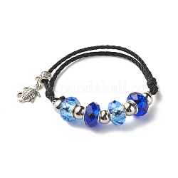 Bracelet cordon perles européennes en verre à facettes, bracelet réglable breloque tortue pour femme ado fille, argent antique, bleu, diamètre intérieur: 2-1/8~3-1/2 pouce (5.3~9 cm)
