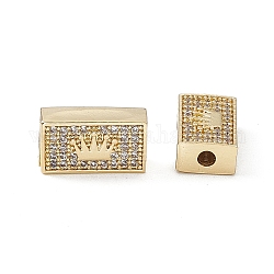 Brass Micro Pave Clear Cubic Zirconia Beads, Rectangle with Crown, Real 18K Gold Plated, 7.5x13x5mm, Hole: 2mm