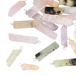 HOBBIESAY 20Pcs Natural Mixed Quartz Pendants, Twisted with Silver Tone Copper Wire, Rectangle Charm, 35.5~53x9~11x6~8.5mm, Hole: 3~4mm