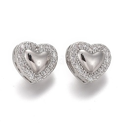 Brass Micro Pave Clear Cubic Zirconia Shank Buttons, Heart, Platinum, 10x11x7.5mm, Hole: 1.4mm