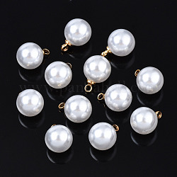 ABS Kunststoff Nachahmung Perlen Charms, mit Messing-Zubehör, golden, Runde, weiß, 11.2x8 mm, Bohrung: 1.5 mm