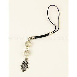 Crackle Glass Mobile Straps, with Tibetan Style Pendants and Nylon Cord, Hamsa Hand/Hand of Fatima/Hand of Miriam, Clear, 125mm