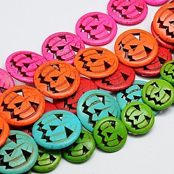 Chapelets de perles en turquoise synthétique, teinte, citrouille d'halloween jack-o'-lantern jack o lantern, couleur mixte, 30x6mm, Trou: 1mm