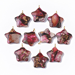 Assembled Synthetic Imperial Jasper and Bronzite Pendants, with Golden Tone Iron Loop, Dyed, Star, Hot Pink, 23~24x21x5mm, Hole: 2mm