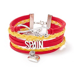 Unendlichkeit Liebe Herz Spanien Wort Charme mehrreihiges Armband, geflochtenes Lederarmband mit Landesflagge für Männer und Frauen, Silber, rot, 7-1/8 Zoll (18 cm)
