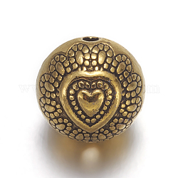Perline in lega stile tibetano, piombo & cadimo libero, tondo con cuore, oro antico, circa10 mm di diametro, 8 mm di spessore, Foro: 1.5 mm