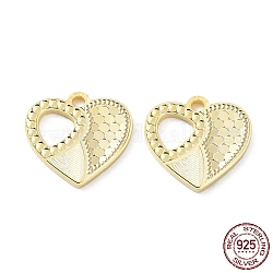 925 Sterling Silver Charms, Heart with Polka Dot Charm, Textured, Real 18K Gold Plated, 12x13x1.2mm, Hole: 1.5mm