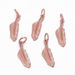 Brass Pendants, with Cubic Zirconia, Feather, Clear, Rose Gold, 17x5x1mm, Hole: 3.5mm