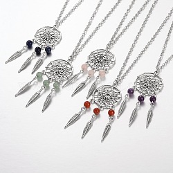 Iron Pendant Necklaces, with Alloy Leaf Findings and Natural Gemstone, 18.1 inch