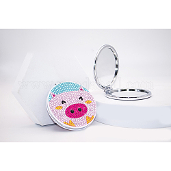 DIY runder Mini-Make-up-Kompaktspiegel-Diamant-Malkits, faltbare zweiseitige Schminkspiegel Handwerk, Schweinemuster, 80 mm, Spiegel: 78 mm Durchmesser