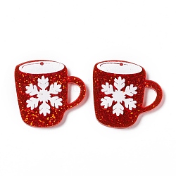 Ciondoli natalizi in acrilico stampato trasparente, con paillettes, tazza con fiocco di neve, firebrick, 30x31x2mm, Foro: 1.4 mm