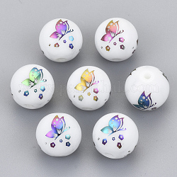 Гальванические стеклянные бусины, круглый с рисунком бабочки, с покрытием разноцветным, 10 мм, отверстие : 1.2 мм