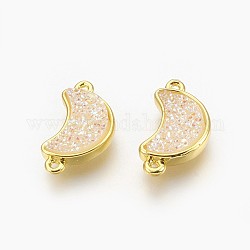 Electroplate Druzy Resin Links connectors, with Golden Tone Brass Findings, Moon, Beige, 18.5x10x4mm, Hole: 1mm