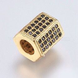 Perline zirconi micro pave  in ottone, colonna esagonale, nero, oro, 8.5x8x7.5mm, Foro: 4 mm