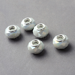 Galvani Glas europäischen Perlen, Großloch perlen, mit Messing-Kerne, silberfarben plattiert, imitatorische Jade, facettierte Rondelle, creme-weiß, 14x9.5 mm, Bohrung: 5 mm