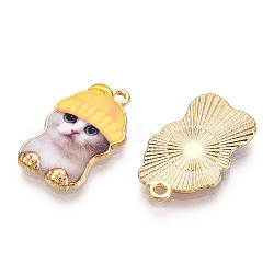 Подвески из сплава светлого золота с принтом, картонный кот с подвесками в кепке, золотые, 22.5x14x2.5 мм, отверстие : 1.6 мм